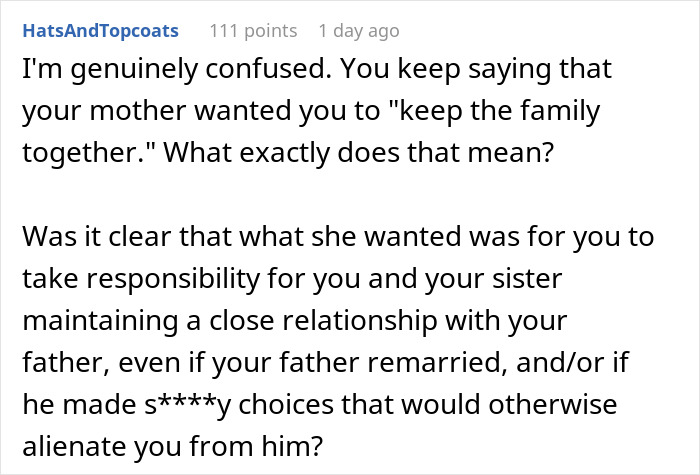 A social media comment questioning the meaning of keeping the family together after a widowed dad remarries. A social media comment questioning the meaning of keeping the family together after a widowed dad remarries.