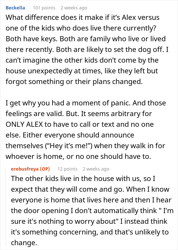 A comment discussing the difference between family members entering and the specific situation involving the husband's son and wife. A comment discussing the difference between family members entering and the specific situation involving the husband's son and wife.