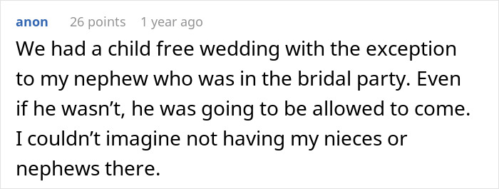 A comment on in-laws demanding child-free celebration exceptions, stating a child-free wedding exception for a nephew.