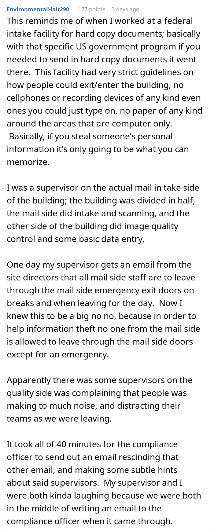 Federal facility mail supervisor describes strict entry exit rules and management conflict