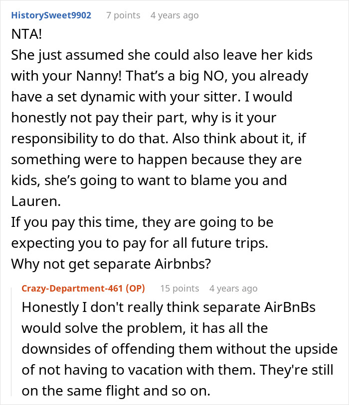 A screenshot of a Reddit comment about a woman's nanny on vacation, and her SIL seeing free childcare opportunities. A screenshot of a Reddit comment about a woman's nanny on vacation, and her SIL seeing free childcare opportunities.
