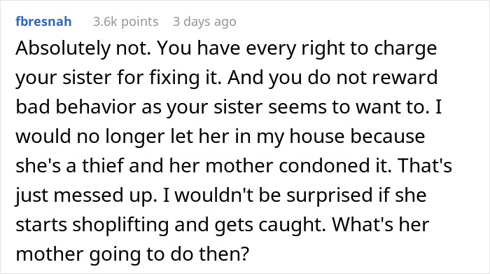 A social media comment suggests charging the sister for fixing the sapphire engagement ring.