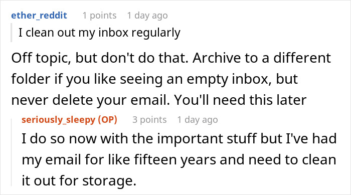 A Reddit comment about email management, a tangential discussion to the main topic of a wheelchair-bound teen accused of stealing. A Reddit comment about email management, a tangential discussion to the main topic of a wheelchair-bound teen accused of stealing.