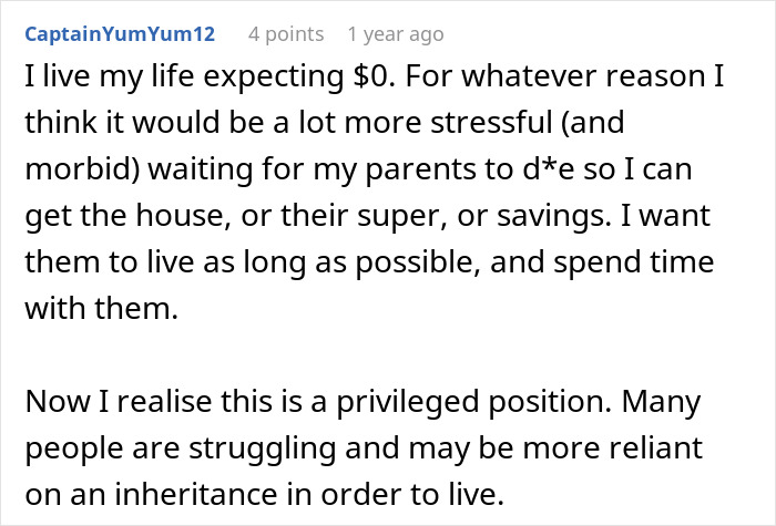 User post discussing personal views on inheritance and parental spending habits User post discussing personal views on inheritance and parental spending habits
