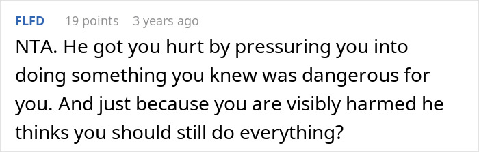 A screenshot showing a comment from Reddit user FLFD, discussing the woman's husband who pressures her to rake despite her allergy.