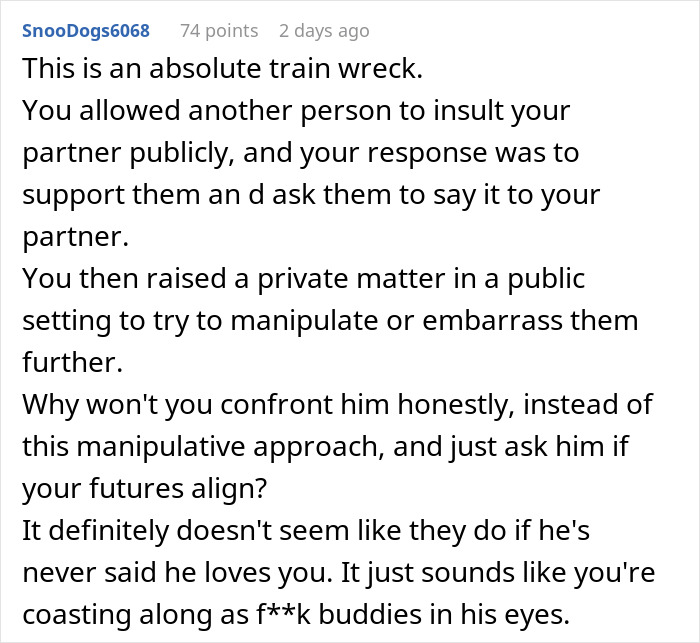 A screenshot of a Reddit comment section discussing a boyfriend who wont marry his girlfriend after 5 years and never says I love you.