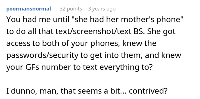 A Reddit comment questioning the credibility of the 17YO daughter's access to phones in the cruel stunt. A Reddit comment questioning the credibility of the 17YO daughter's access to phones in the cruel stunt.