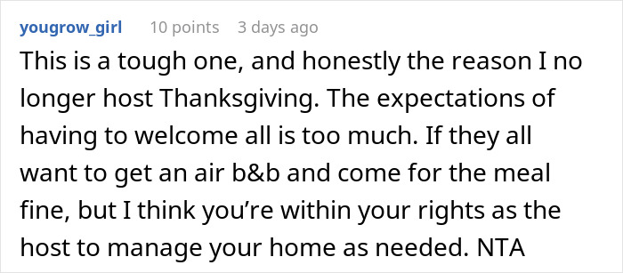 A comment explaining why the user no longer hosts Thanksgiving because BIL brings a different GF each year. A comment explaining why the user no longer hosts Thanksgiving because BIL brings a different GF each year.