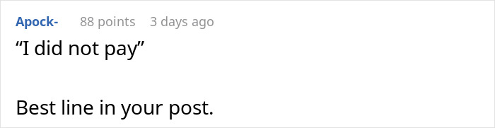 A comment highlighting the line I did not pay in reference to the bridal shower payment.