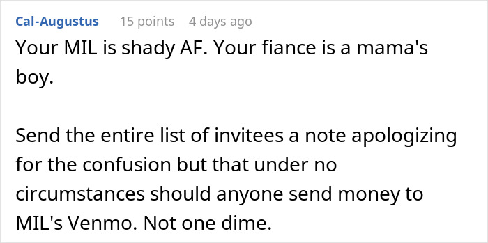 A comment advising to warn wedding guests not to send money to the MIL Venmo account A comment advising to warn wedding guests not to send money to the MIL Venmo account