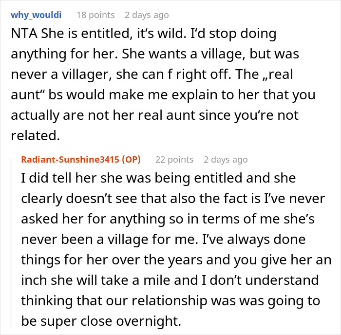 A Reddit comment supporting the woman who refuses to put her life on hold for her stepsister's kid.
