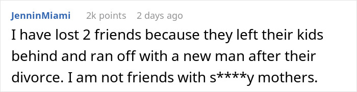 A comment on the mother leaving children for IVF, discussing friends who left kids for new husbands after divorce. A comment on the mother leaving children for IVF, discussing friends who left kids for new husbands after divorce.