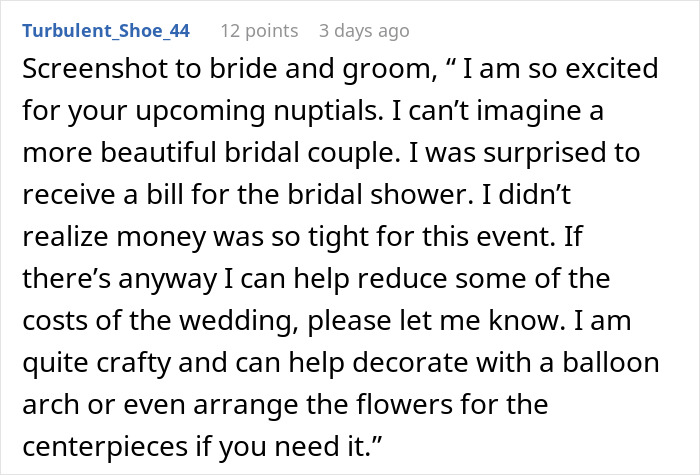 A Reddit post shows a guest offering to help with bridal shower costs, surprised by the $150 fee.