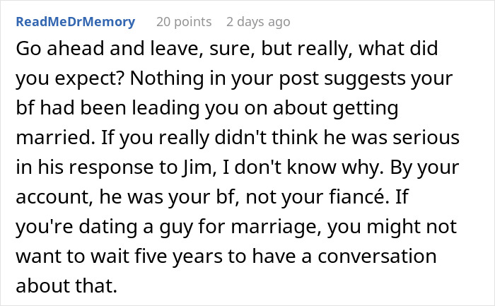 A comment advising a girlfriend to leave a relationship where her guy won't marry her after 5 years.