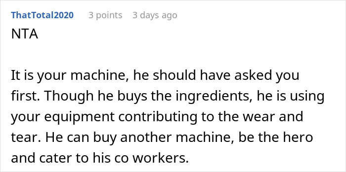 A comment explaining that a coworker starting a business with another&rsquo;s coffee machine is wrong.