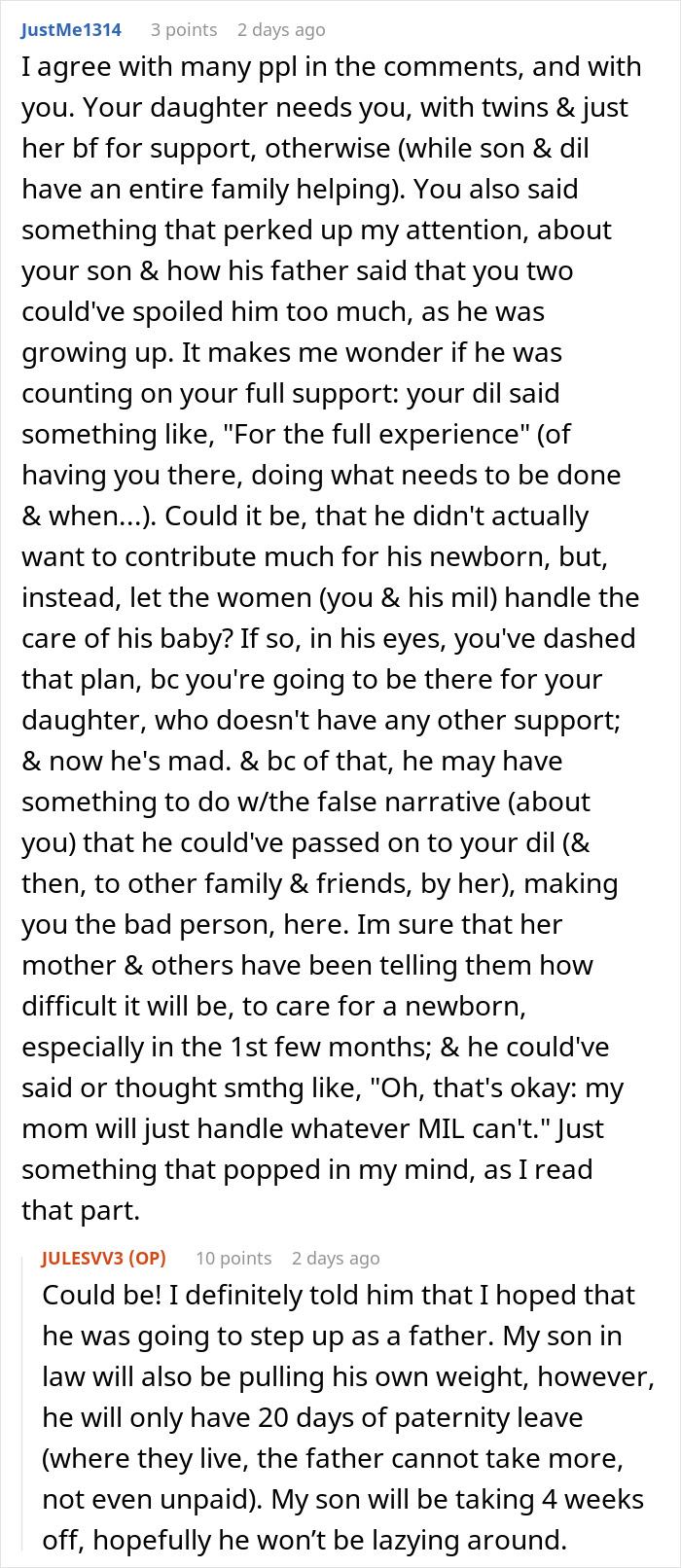 A Reddit discussion about a mother's decision to stay with her daughter and twin newborns abroad. A Reddit discussion about a mother's decision to stay with her daughter and twin newborns abroad.