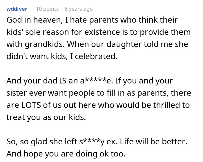 A Reddit comment from wddiver criticizing parents who demand grandchildren and celebrating a woman ending a toxic relationship. A Reddit comment from wddiver criticizing parents who demand grandchildren and celebrating a woman ending a toxic relationship.