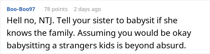 Comment rejecting babysitting strangers as absurd in entitled woman auction case