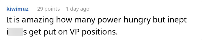 A Reddit comment criticizing power-hungry, inept individuals in VP positions, relating to an employee's HR-approved home office. A Reddit comment criticizing power-hungry, inept individuals in VP positions, relating to an employee's HR-approved home office.