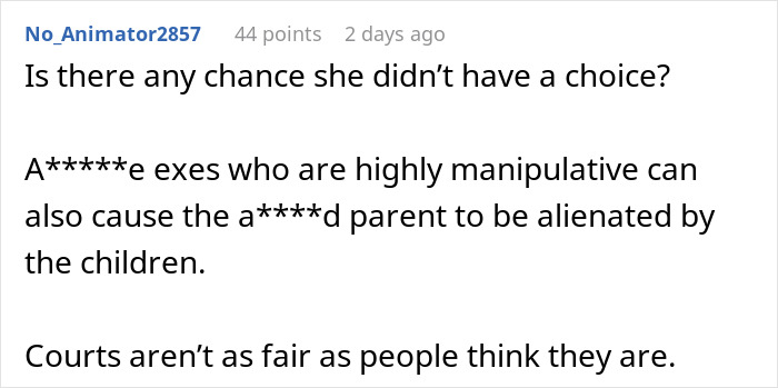 A Reddit comment considering if a mother had no choice in leaving children, facing manipulative ex and court bias. A Reddit comment considering if a mother had no choice in leaving children, facing manipulative ex and court bias.