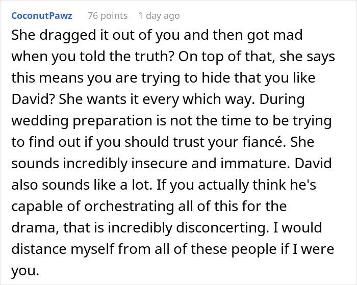Detailed Reddit comment analyzing the bride's insecurity and immaturity in demanding a love confession from the groom's female bestie. Detailed Reddit comment analyzing the bride's insecurity and immaturity in demanding a love confession from the groom's female bestie.