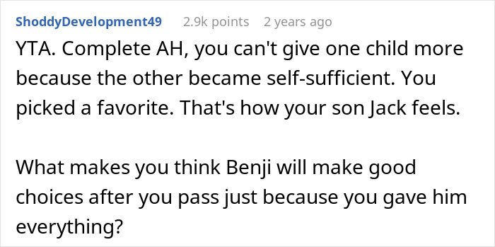 A Reddit comment criticizing a mother's decision to give most inheritance to her less successful son. A Reddit comment criticizing a mother's decision to give most inheritance to her less successful son.
