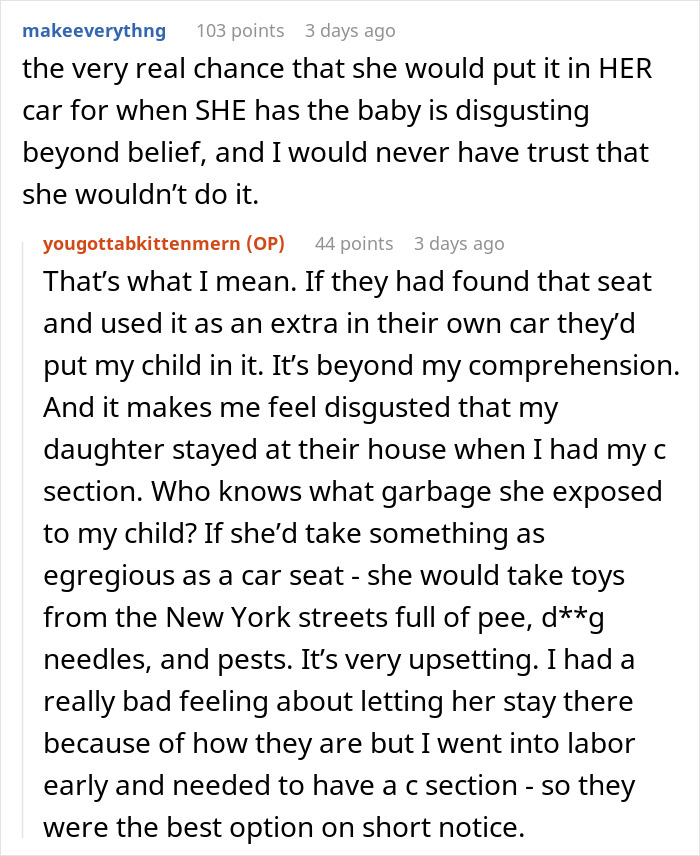 Online comments discussing disgust over baby car seat safety