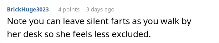 Joke about silent farts to ease exclusion in team areas walk policy
