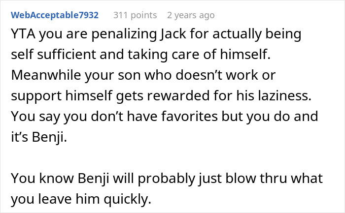 A comment criticizing a mother for penalizing a successful son by giving most of the inheritance to his lazy brother. A comment criticizing a mother for penalizing a successful son by giving most of the inheritance to his lazy brother.