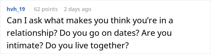 A Reddit comment questioning a guy's relationship status as he won't say I Love You or marry her.