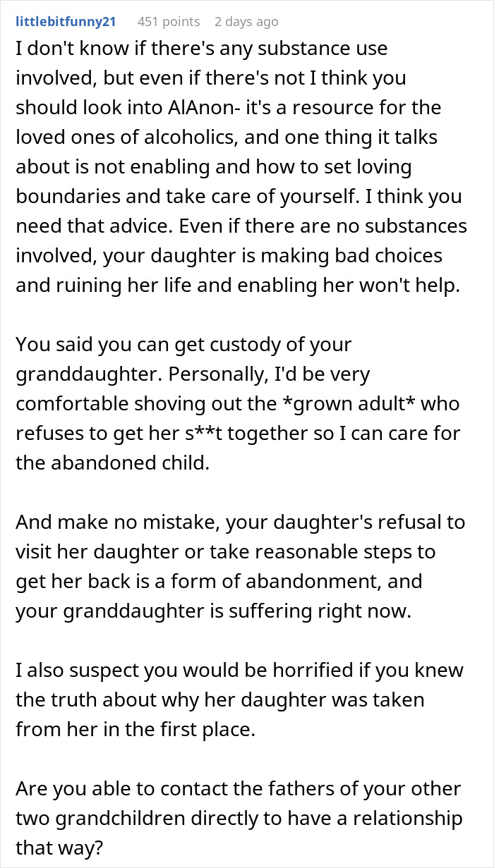 Screenshot of Reddit comment suggesting resources for loved ones of alcoholics and taking custody of grandchild. Screenshot of Reddit comment suggesting resources for loved ones of alcoholics and taking custody of grandchild.