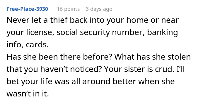 Screenshot of Reddit comment emphasizing not to trust a 14YO who stole an aunt's sapphire engagement ring.