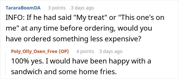 A screenshot of a Reddit comment discussing ordering expensive food for breakfast with a man's BIL. A screenshot of a Reddit comment discussing ordering expensive food for breakfast with a man's BIL.