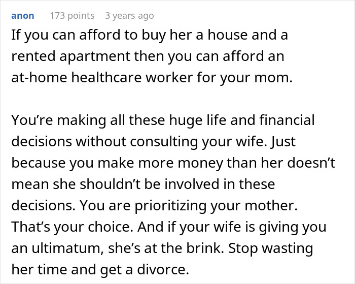 Comment suggesting hiring a home healthcare aide for sick mom amid marital financial decisions