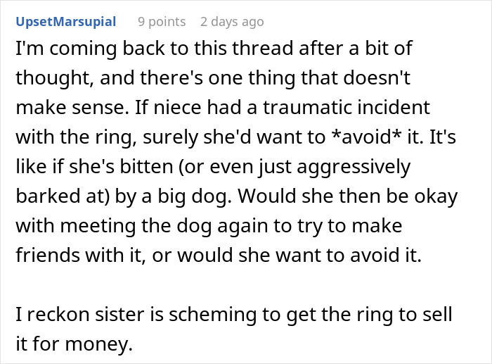 A Reddit comment suggests the sister is scheming to sell the sapphire engagement ring for money, implying a property dispute.