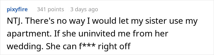 A comment stating why a sibling should not be part of the wedding for uninviting a girlfriend. A comment stating why a sibling should not be part of the wedding for uninviting a girlfriend.