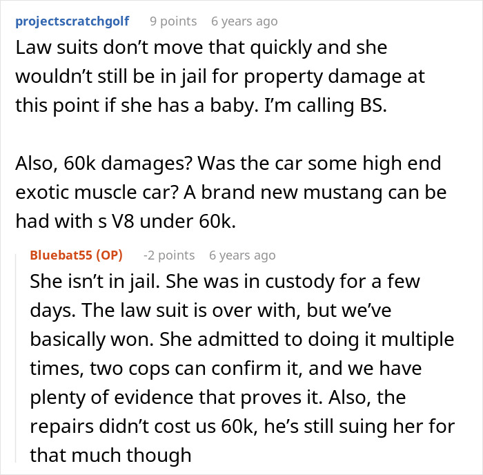 Screenshot of online comments debating the details of a Dumb Karen's lawsuit over a keyed car and police involvement.