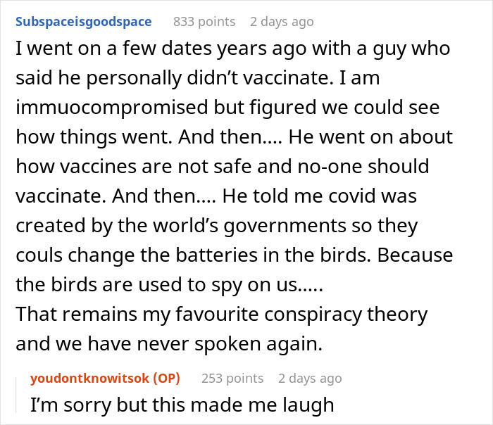 An online comment thread showing a funny government bird spy conspiracy theory mentioned during a talk about vaccines. An online comment thread showing a funny government bird spy conspiracy theory mentioned during a talk about vaccines.