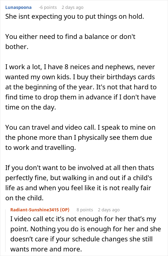 A Reddit comment from Lunaspoona discussing balancing time with kids or not being involved, suggesting video calls.