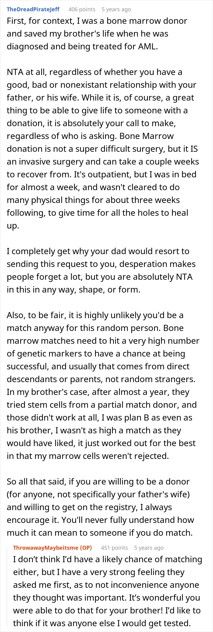 A screenshot of a reddit comment section. The top comment is from user TheDreadPirateJeff discussing bone marrow match refusal for estranged dad's wife. A screenshot of a reddit comment section. The top comment is from user TheDreadPirateJeff discussing bone marrow match refusal for estranged dad's wife.