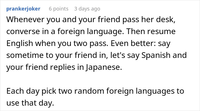 Employees using foreign languages as prank near Maureen's desk at work