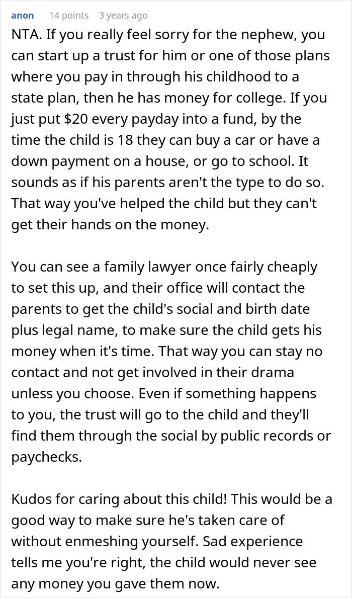 A comment suggests setting up a trust for a nephew to avoid inheritance drama and ensure money isn't accessed by his parents. A comment suggests setting up a trust for a nephew to avoid inheritance drama and ensure money isn't accessed by his parents.