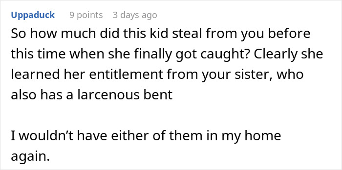 A comment questioning how much the 14YO stole before being caught with the aunt's sapphire engagement ring.