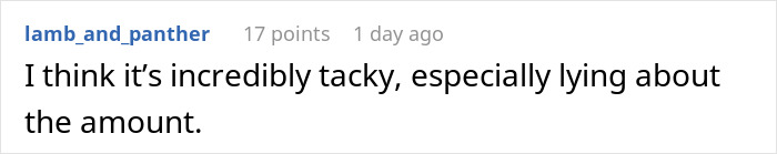 A Reddit comment states that lying about the amount on used wedding gift cards is tacky, contributing to wedding drama.