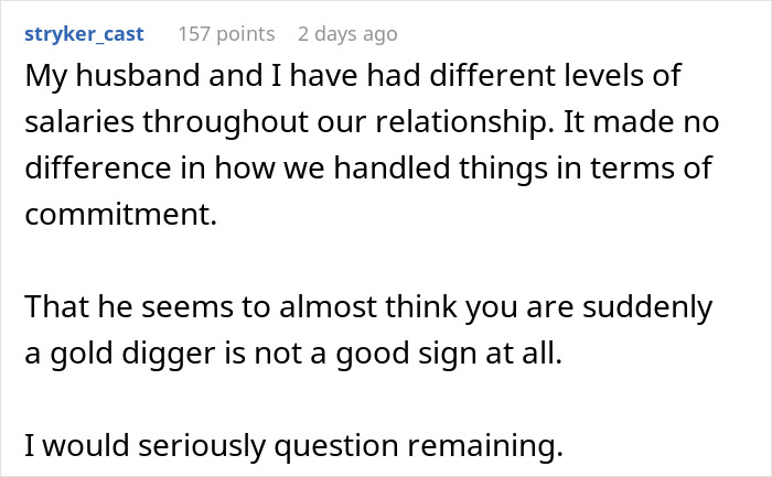 A comment on commitment and income levels, mentioning a guy suddenly seeing his GF as not good enough after making $200K. A comment on commitment and income levels, mentioning a guy suddenly seeing his GF as not good enough after making $200K.