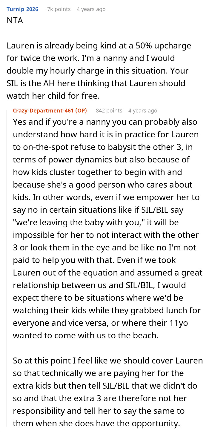A screenshot of a comment about a nanny, fair compensation, and free childcare expectations on vacation. A screenshot of a comment about a nanny, fair compensation, and free childcare expectations on vacation.