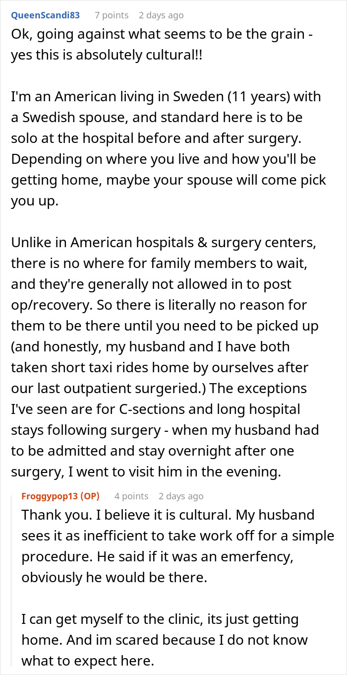 American in Sweden explains cultural norm of solo hospital visits without family accompaniment American in Sweden explains cultural norm of solo hospital visits without family accompaniment