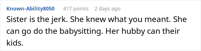 Screenshot of Reddit comment calling sister the jerk for not babysitting