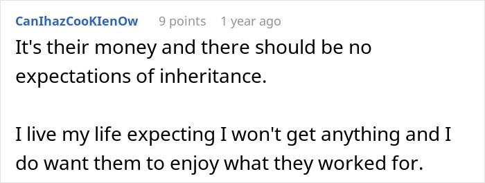 User comment reflecting on parents' spending and expectations around inheritance. User comment reflecting on parents' spending and expectations around inheritance.