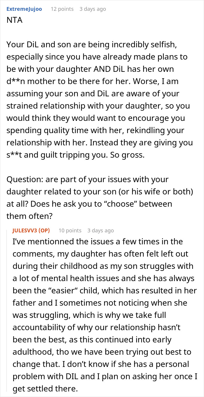 Online discussion post about a mother-in-law deciding to stay with her daughter and twin newborns abroad. Online discussion post about a mother-in-law deciding to stay with her daughter and twin newborns abroad.